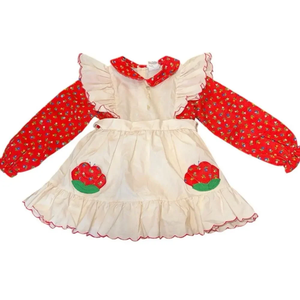 90s Vintage Nannette Prairie Dress 3T Red Floral White Apron Ruffle Cottagecore